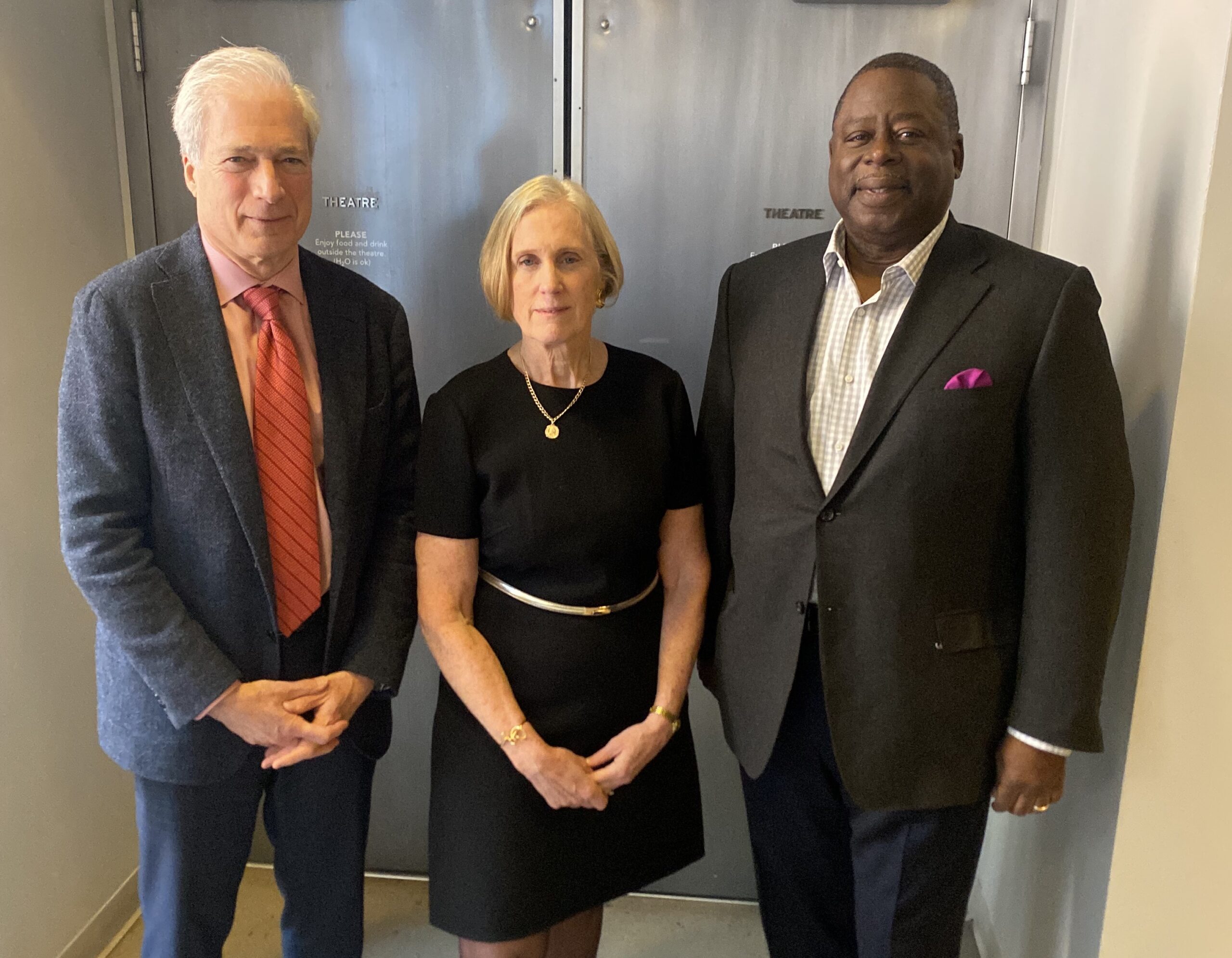NYC Special Narcotics Prosecutor Bridget G. Brennan (center) discussed the Fentanyl crisis in NYC. CCC President Richard Aborn (left) and Chairman Lewis Rice (right). Mr. Aborn and Ms. Brennan have their hands clasped in front of them.